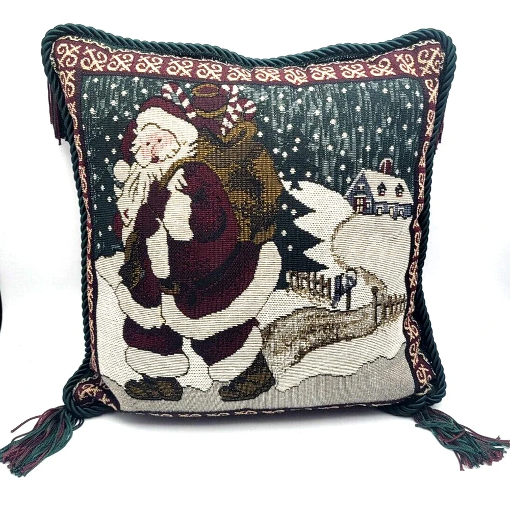 Vintage Christmas Santa Tapestry Decor Pillow Corduroy Back Red & Green Tassels